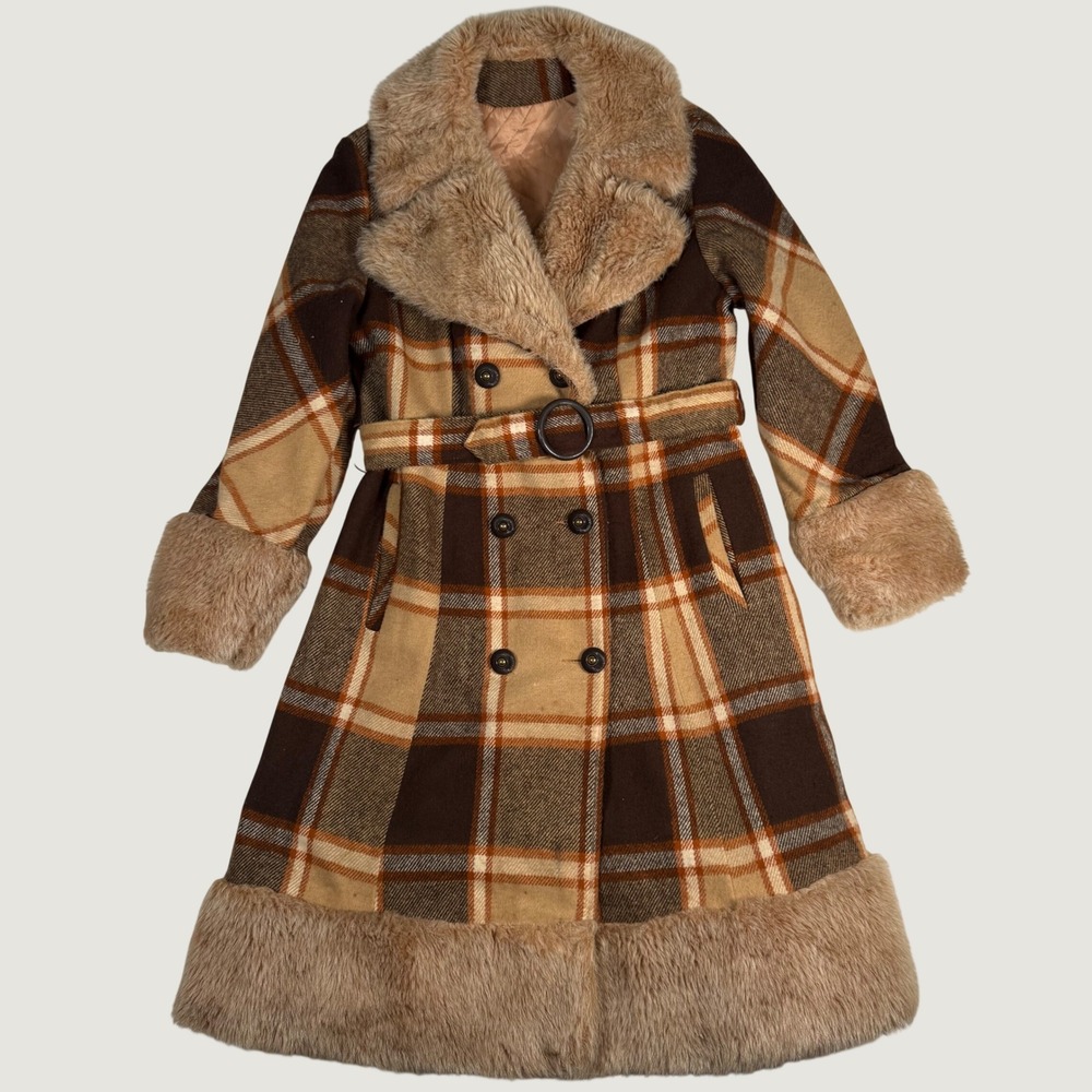 Vintage 1976 Eastland Plaid Penny Lane Coat Faux Fur Trim Wool Blend Brown
